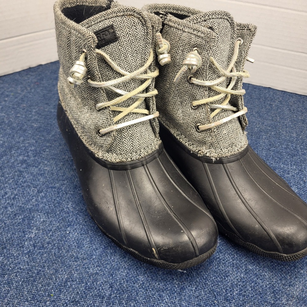 Sperry Girls Saltwater Duck Boots Black Herringbone Waterproof YG56016 Size 5